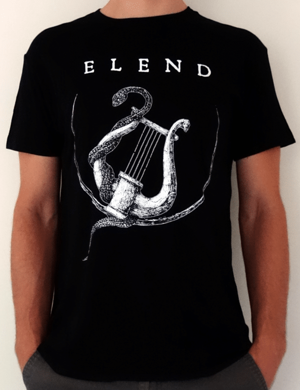 Elend-black-tee-shirt-white-lyre-front